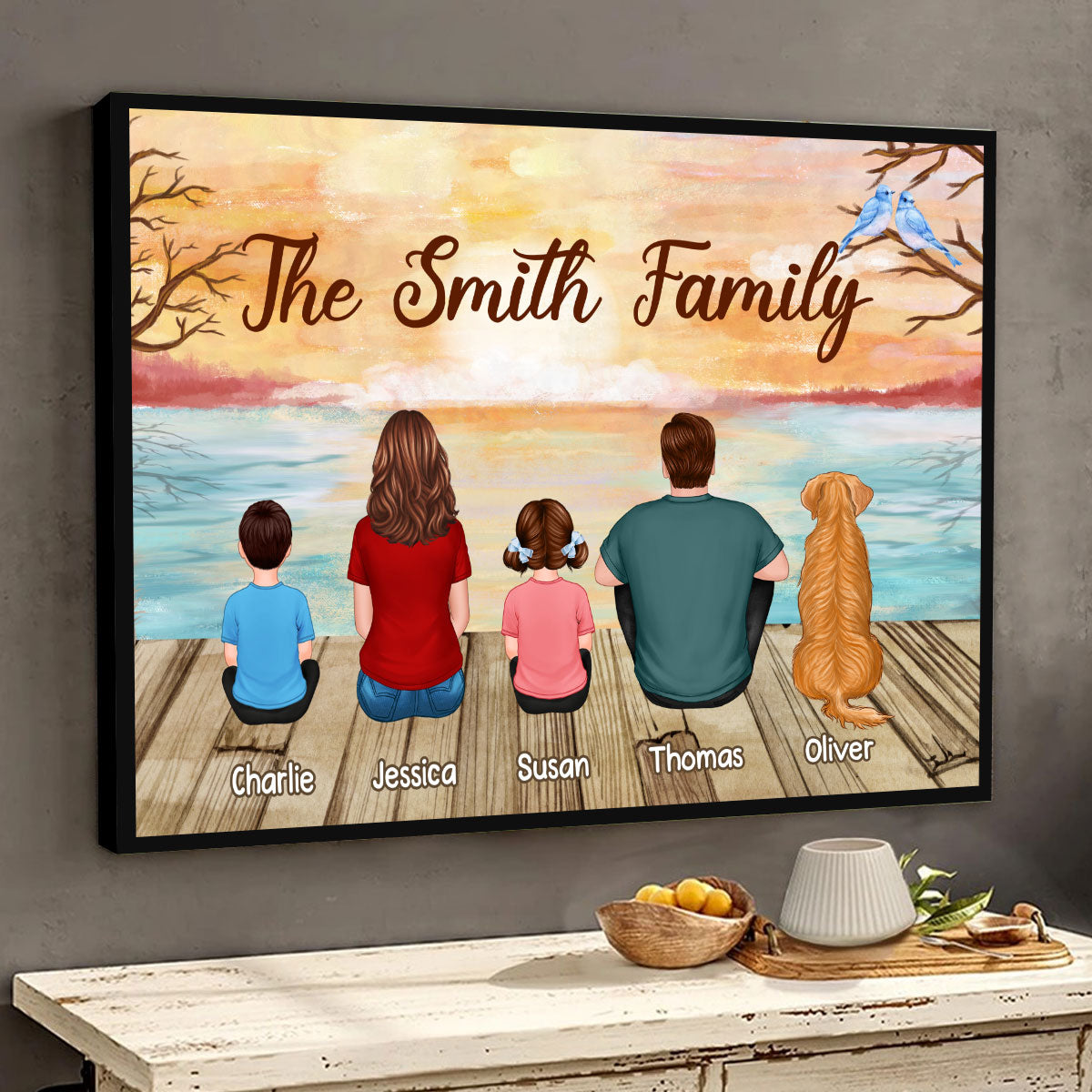 Lake View Whole Back View Family Grandpa Grandma Couple Dad Mom Kids Dogs Cats Sitting Personalized Horizontal Poster