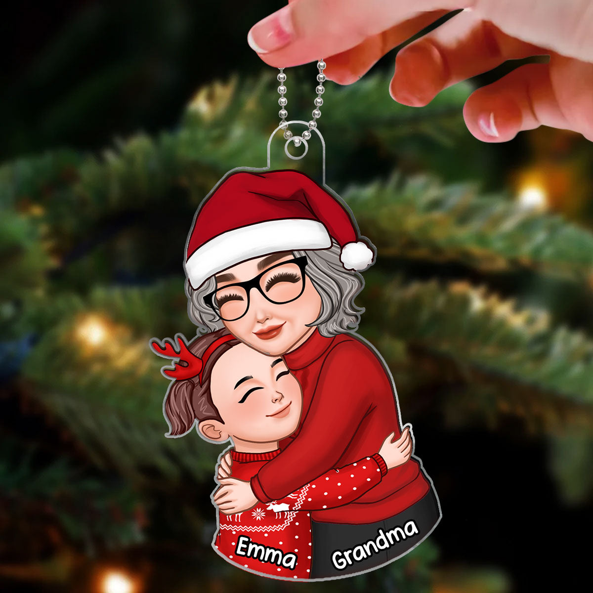 Christmas Grandma & Grandkid Hugging Gift For Granddaughter Grandson Personalized Acrylic Ornament