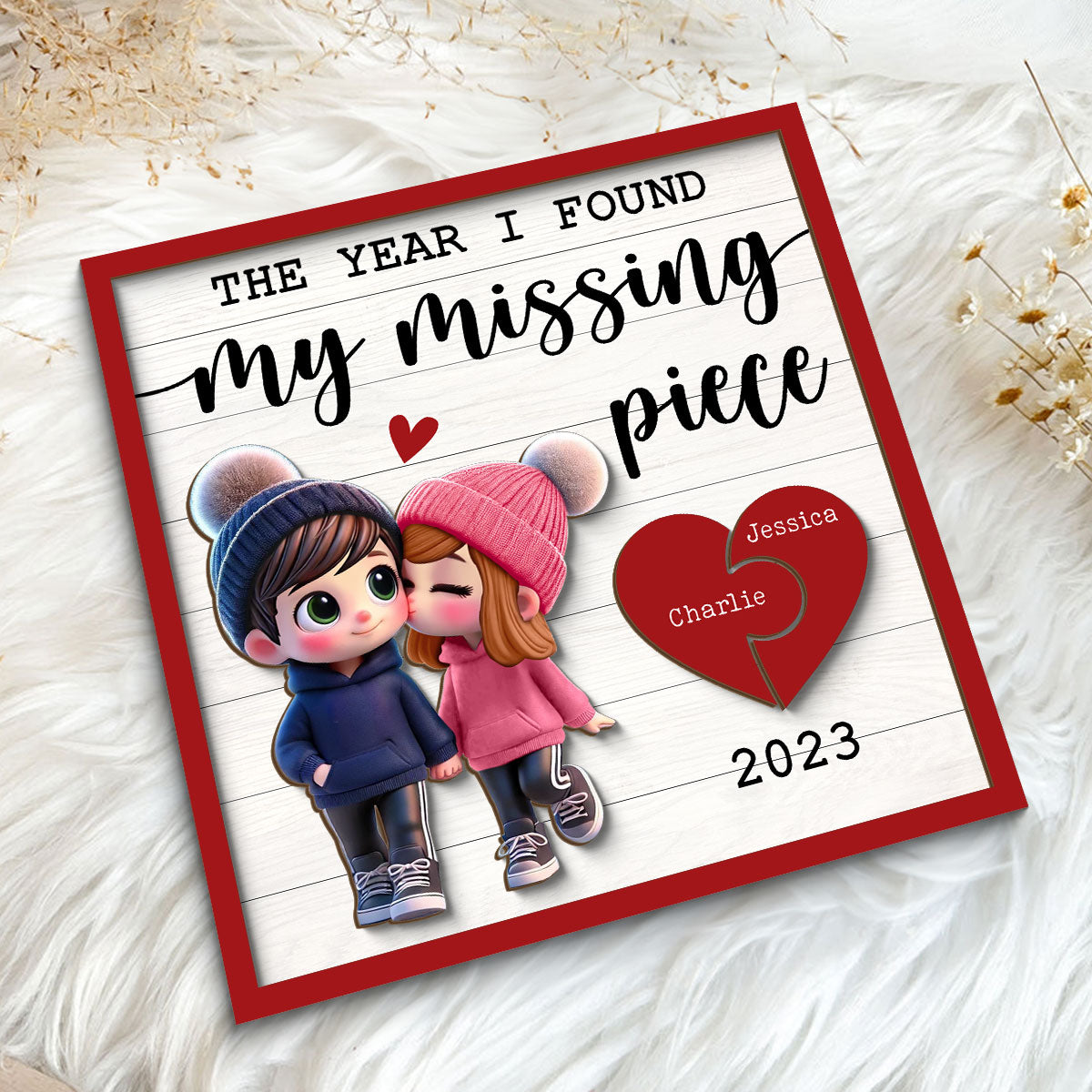 The Year I Found My Missing Piece Cute Couple Walking Personalized 2-Layered Wooden Plaque,  Gift for him, Gift for her