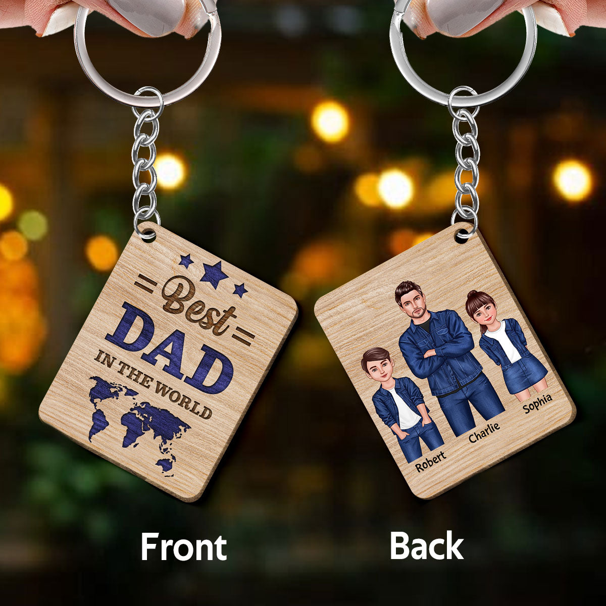 Best Dad In The World Dad And Kids Standing Front View Personalized Wooden Keychain