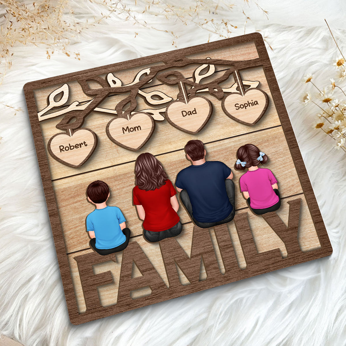 Family Dad Mom Kids Dogs Cats Sitting On Word Under Tree Personalized 2-Layer Wooden Plaque