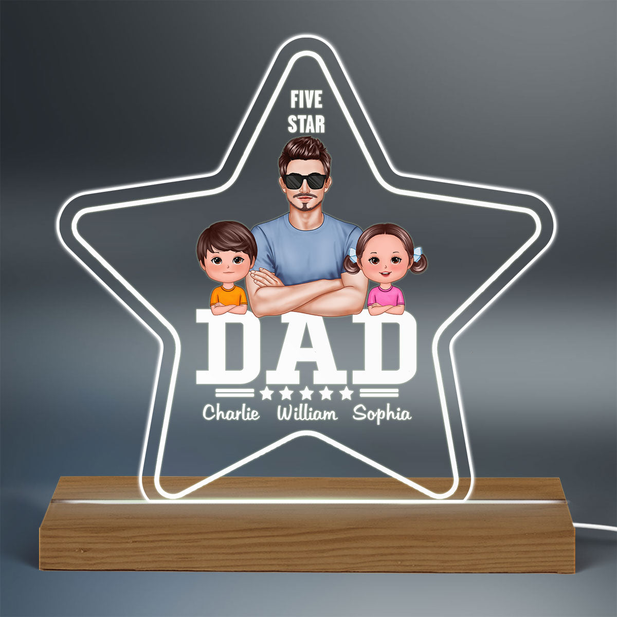 Five - Star Real Man And Kids Crossed Arm Personalized Warm Acrylic Custom Shape LED Night Light