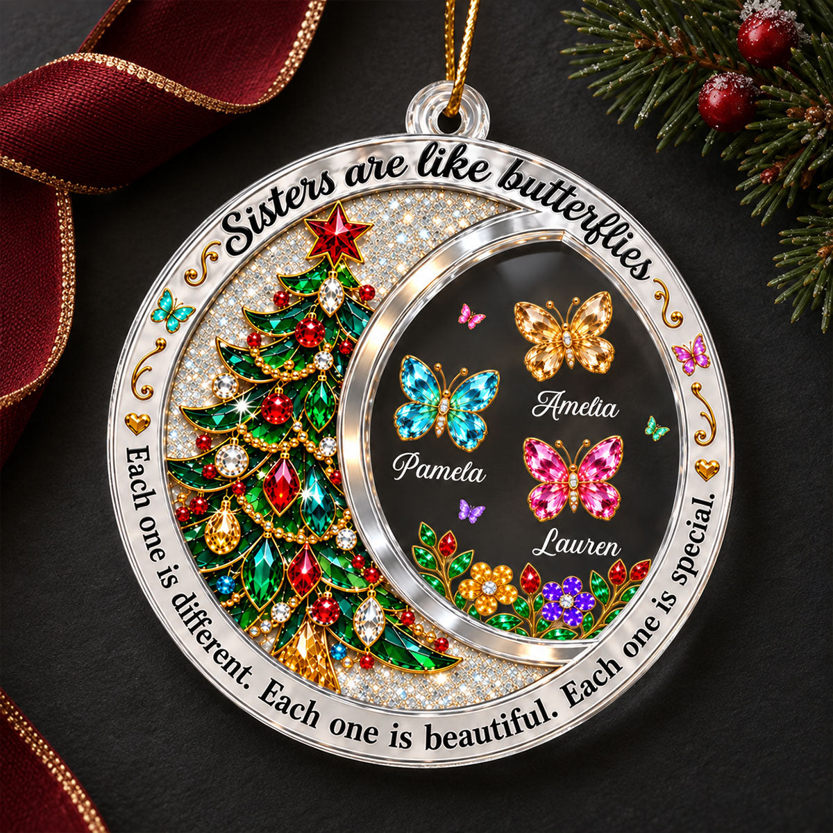 Sisters Are Like Butterflies - Personalized Acrylic Ornament - Christmas Gift for Sisters