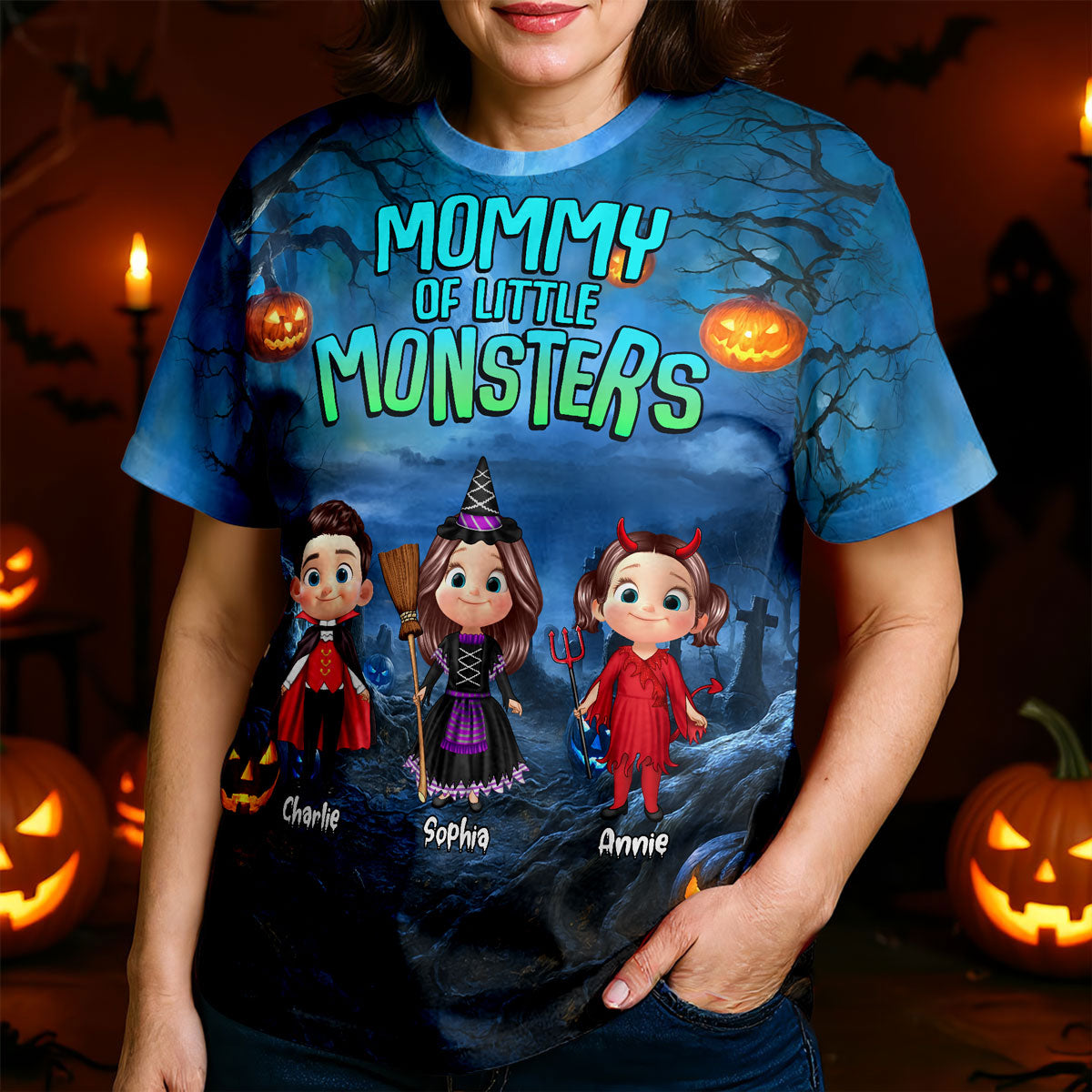 Halloween Night Mommy Daddy Grandma Grandpa Of The Little Monsters Cute Cartoon Kids Personalized 3D Shirt