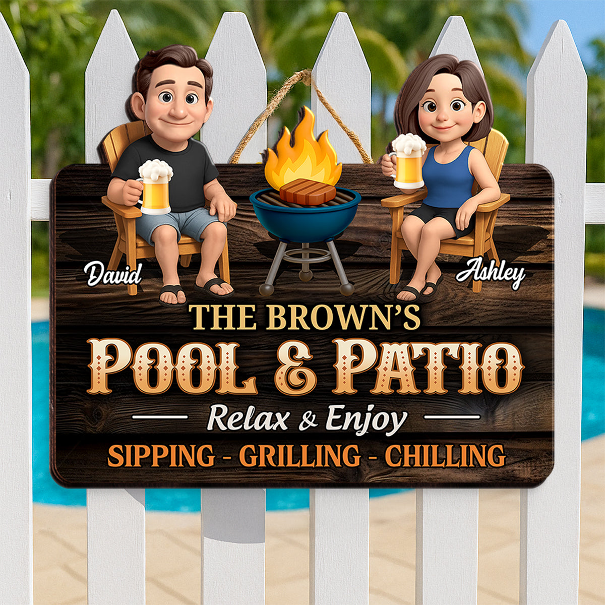 Couple Pool & Patio Sipping Grilling Chilling Personalized Wood Sign