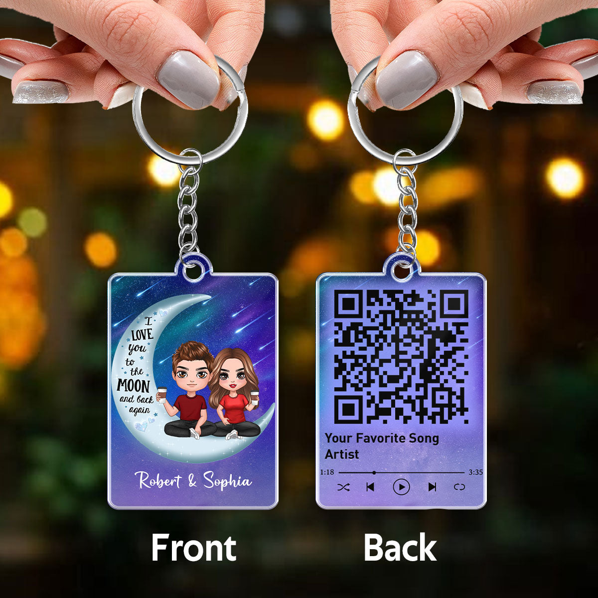 Doll Couple Sitting On Moon I Love You To The Moon And Back Favorite Song Scannable QR Code Personalized Acrylic Keychain