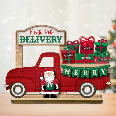 Santa Gifts Christmas Truck Personalized 2-Layer Standing Wooden Plaque, Christmas Decoration, Tiered Tray Decor