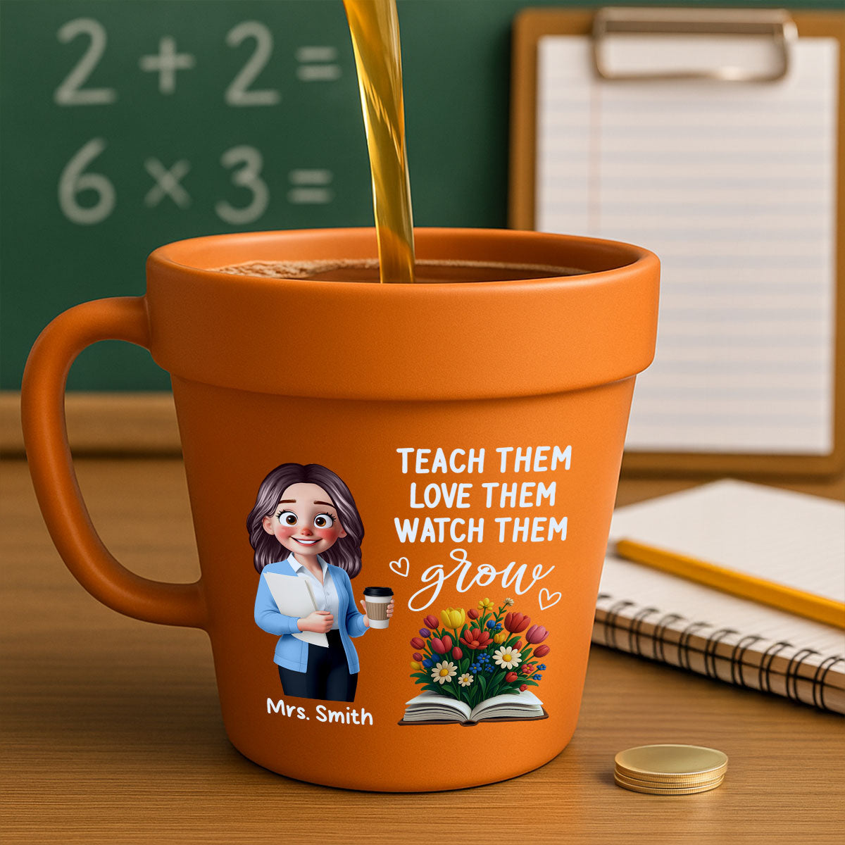 Cute Cartoon Teacher Teach Them Love Them Watch Them Grow Personalized Plant Pot Ceramic Mug