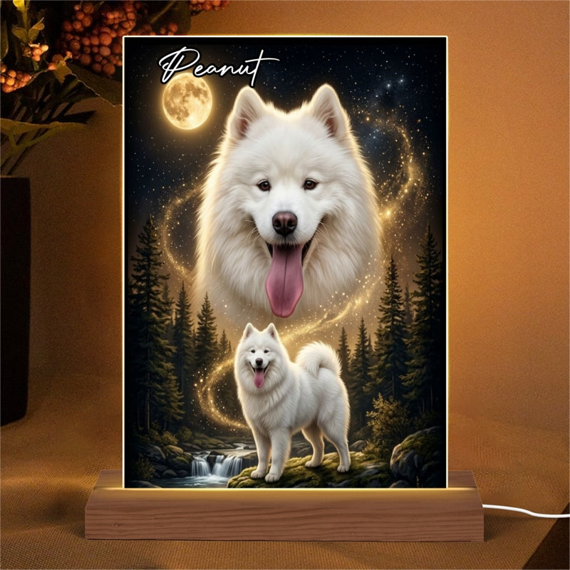 Dog Howling to the Moon - Personalized Acrylic Plaque LED Night Light - Gift for Dog, Cat Lovers, Pet Memorial Gift