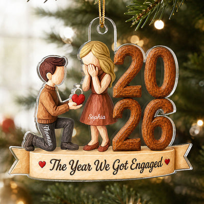 The Year We Got Engaged 2026 Proposal Couple 2D Wooden Effect – Personalized Acrylic Ornament – Engagement Keepsake
