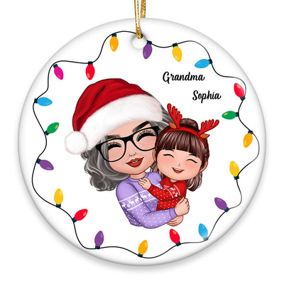 Christmas Light Strings Doll Grandma Hugging Kid Gift For Granddaughter Grandson Personalized Circle Ornament