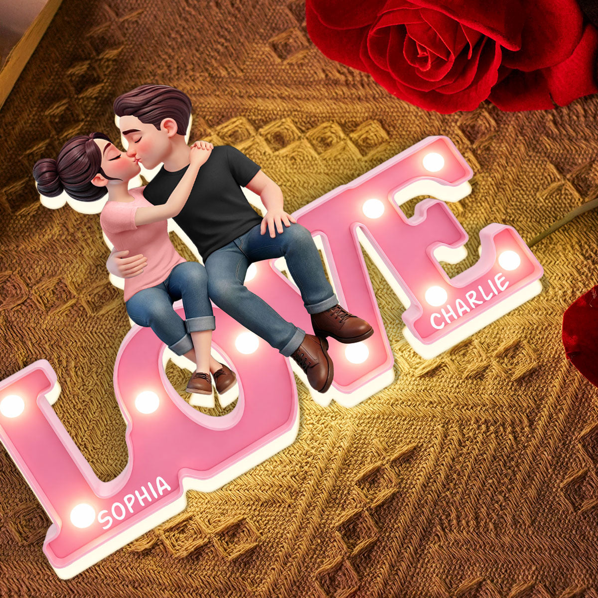 Everlasting LOVE Couple Sitting Kissing - Personalized Light Box - Valentine's Day Gift For Couple, For Him, For Her