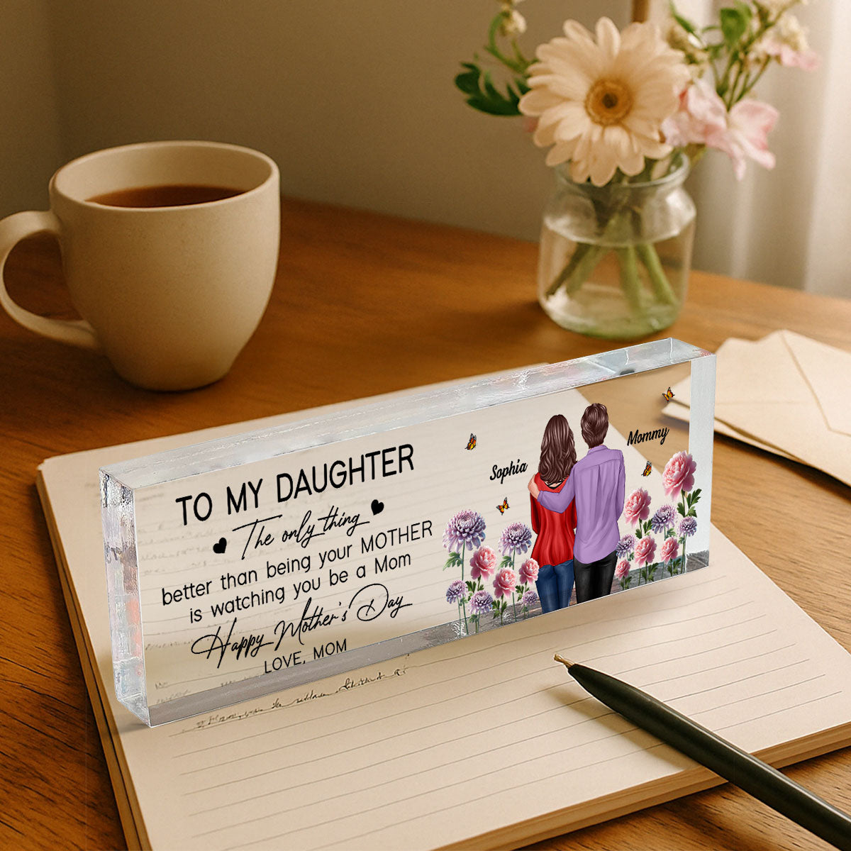 To My Daughter From Mom Happy Mother's Day Birth Flower Personalized Desk Block, Gift For Daughter