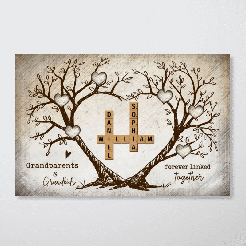 Grandparents & Grandkids Forever Linked Together Heart Tree Puzzle Crossword Art Personalized Poster, Gift For Grandparents, Grandma, Grandpa