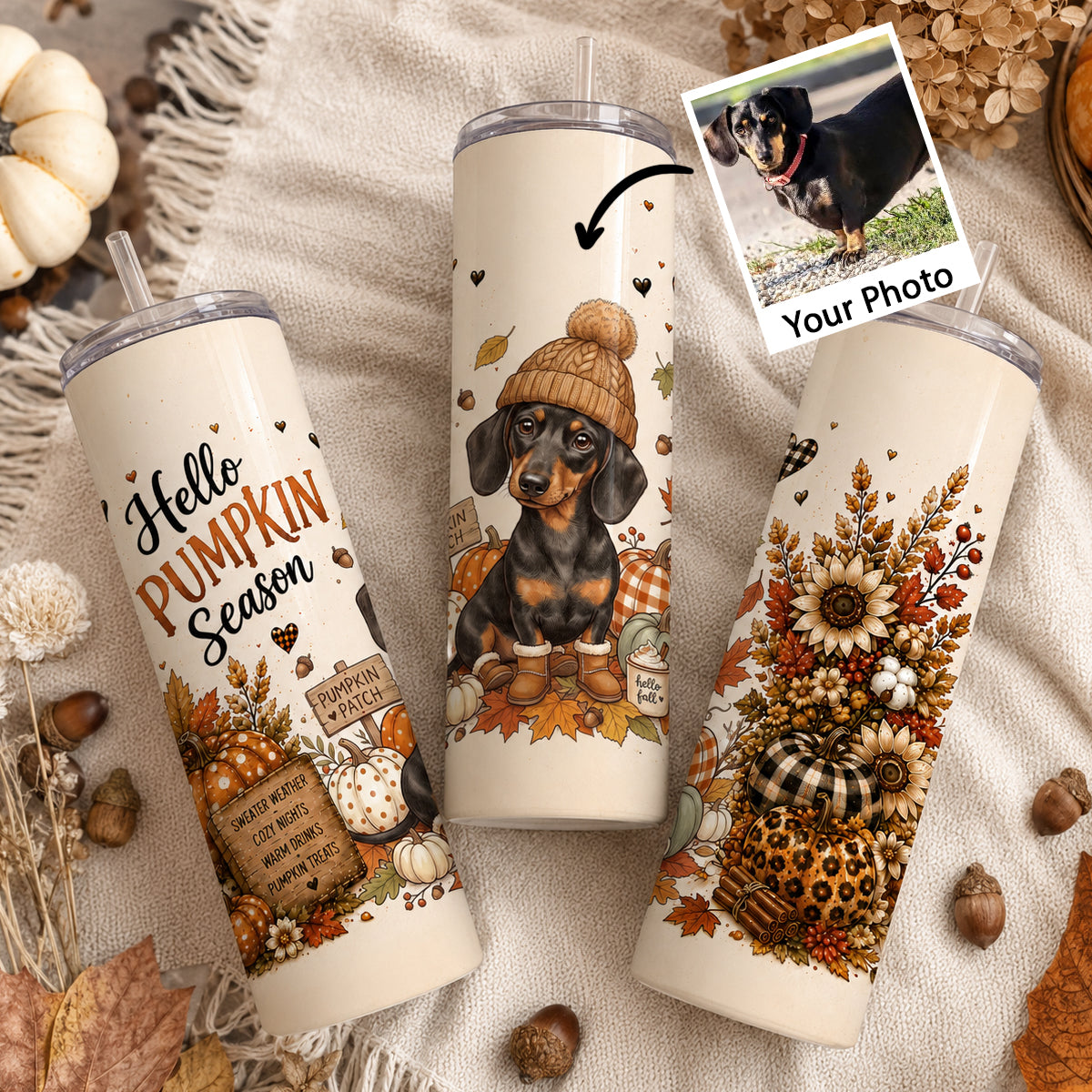 Hello Pumpkin Season Custom Dog Photo - Personalized Tumbler - Fall Gift for Dog Cat Lovers