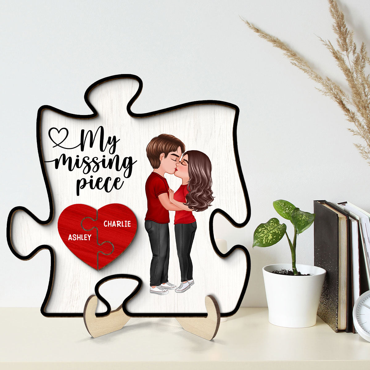 My Missing Piece Doll Couple Kissing Valentine‘s Day Gift Puzzle Shaped Personalized 2-Layer Wooden Plaque