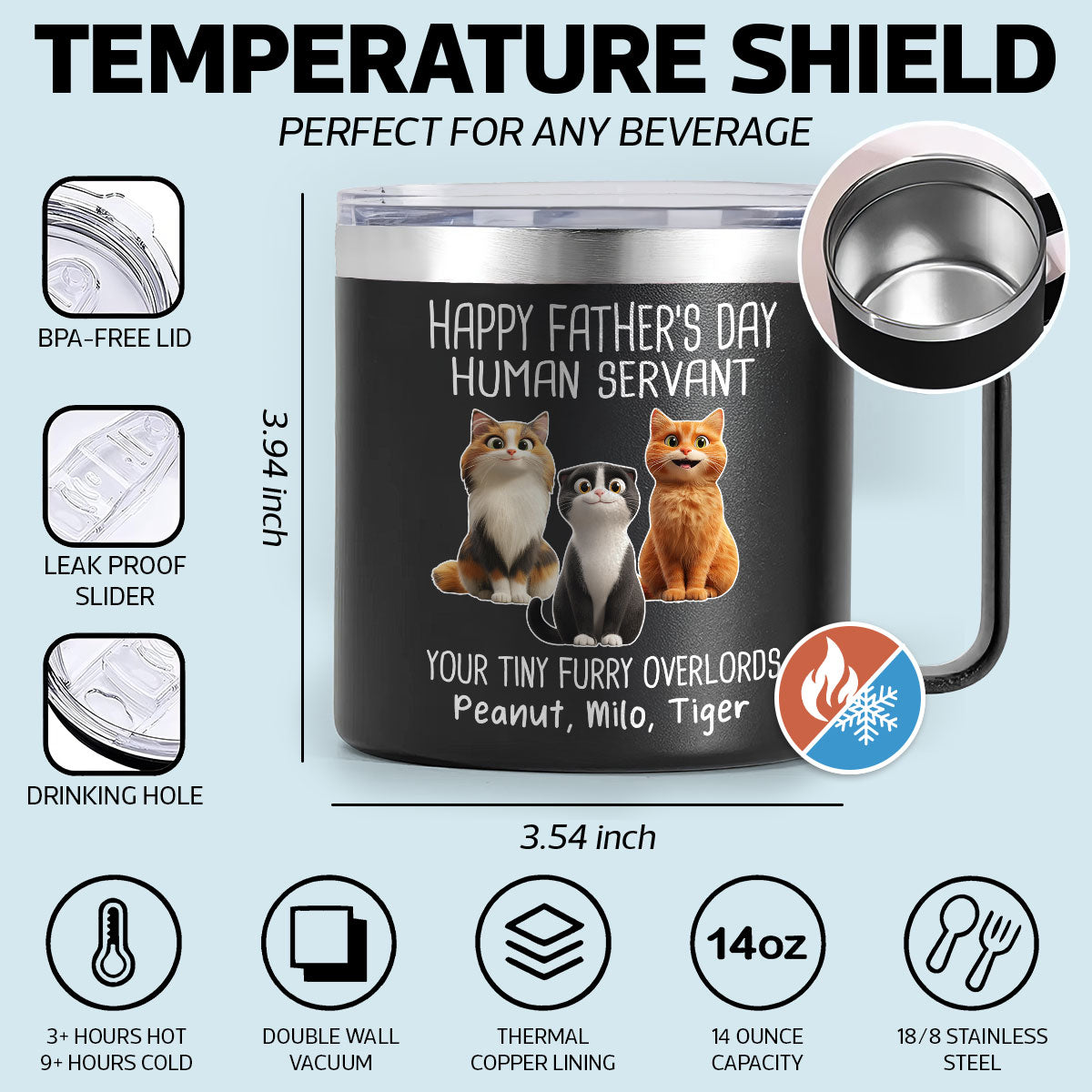 Happy Father's Day Human Servant Cartoon Funny Cats Personalized Stainless Steel Tumbler With Handle