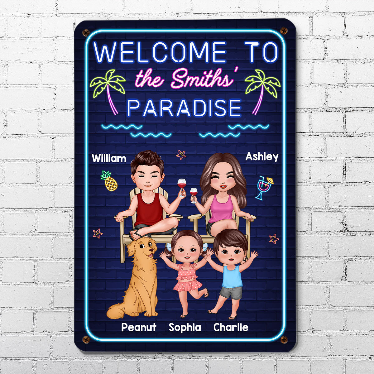Welcome Family Paradise Neon Brick Background Personalized Metal Sign