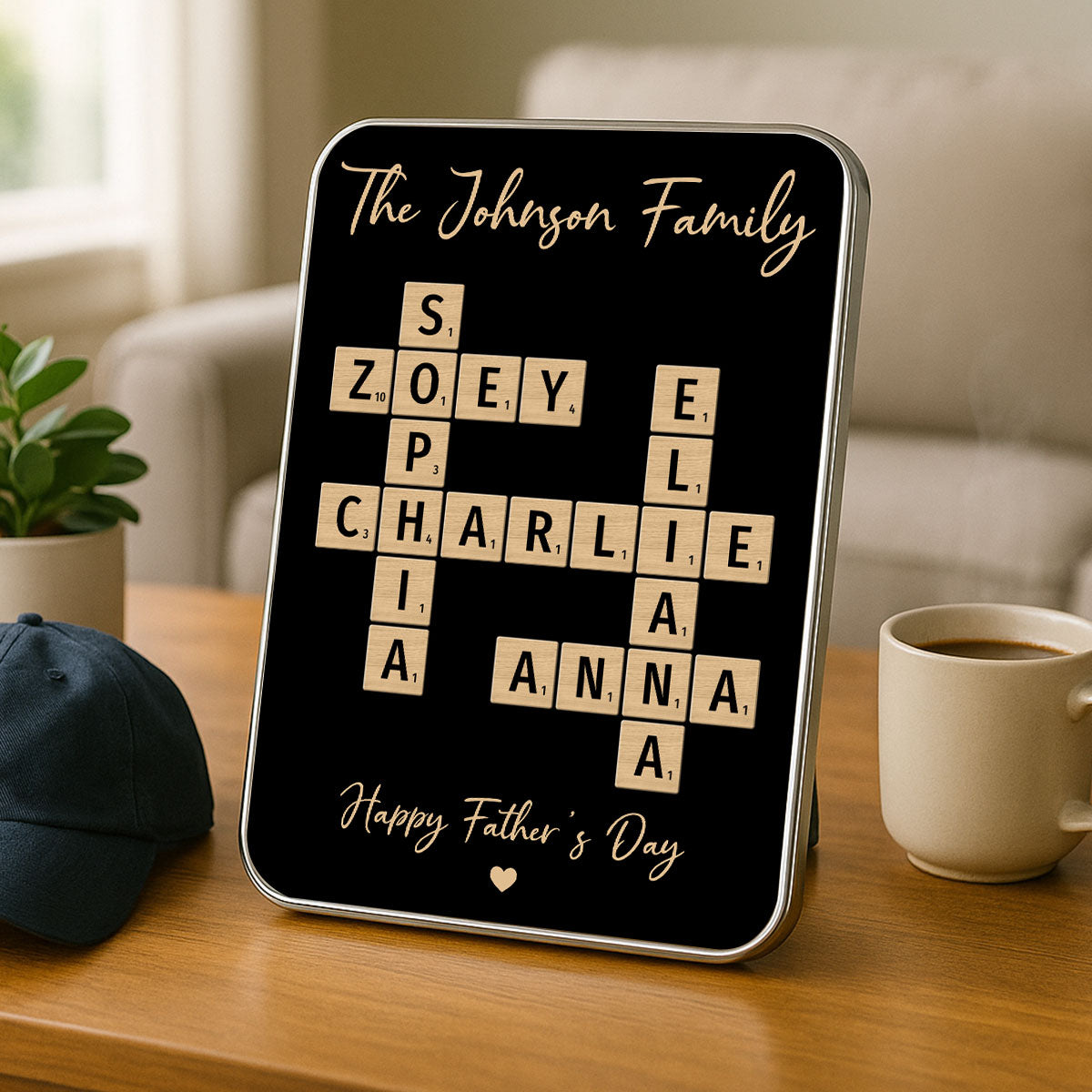 Family Names Crossword Puzzle Art Personalized Mirrored Picture Frame, Gift For Dad, Mom