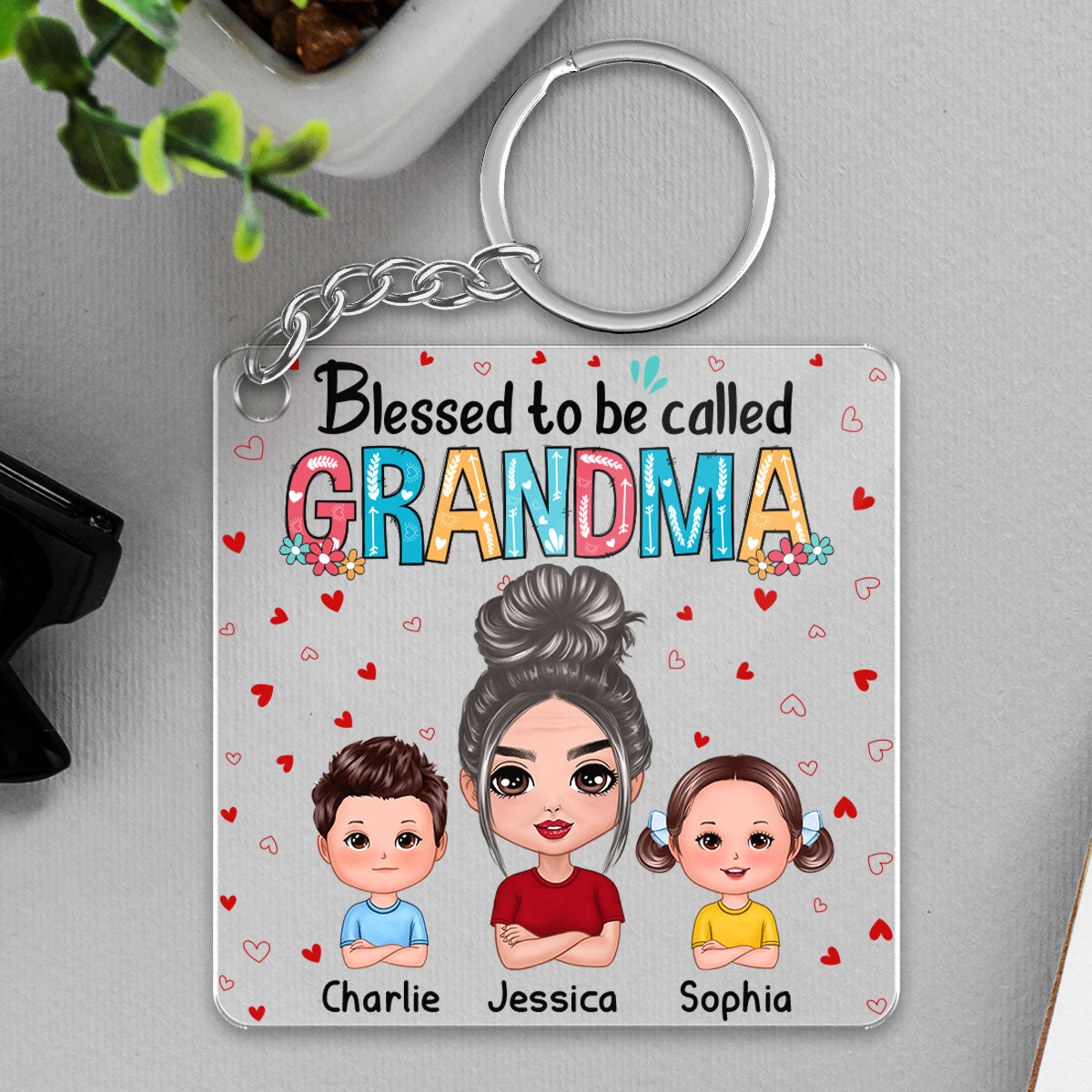 Blessed To Be Called Grandma Heart Doll Grandma Grandkids Personalized Acrylic Keychain