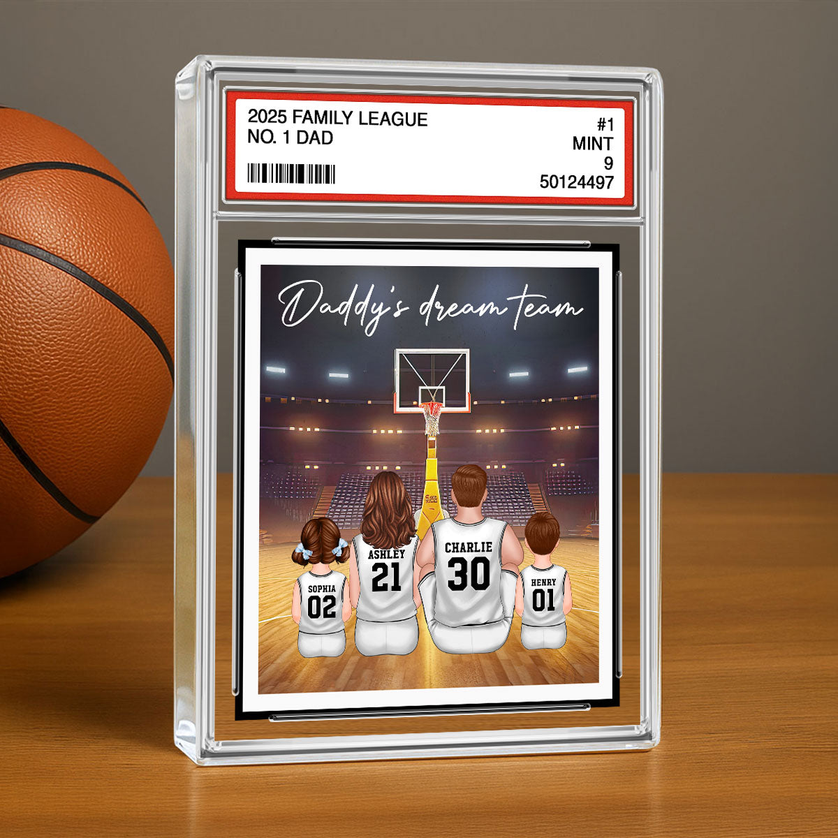 Basketball Daddy's Dream Team No. 1 Dad Man & Kids Sitting Trading Card Style - Personalized Acrylic Block Plaque
