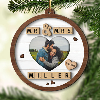 Mr & Mrs First Christmas Engaged Married Word Art Personalized 2-Layer Wooden Ornament