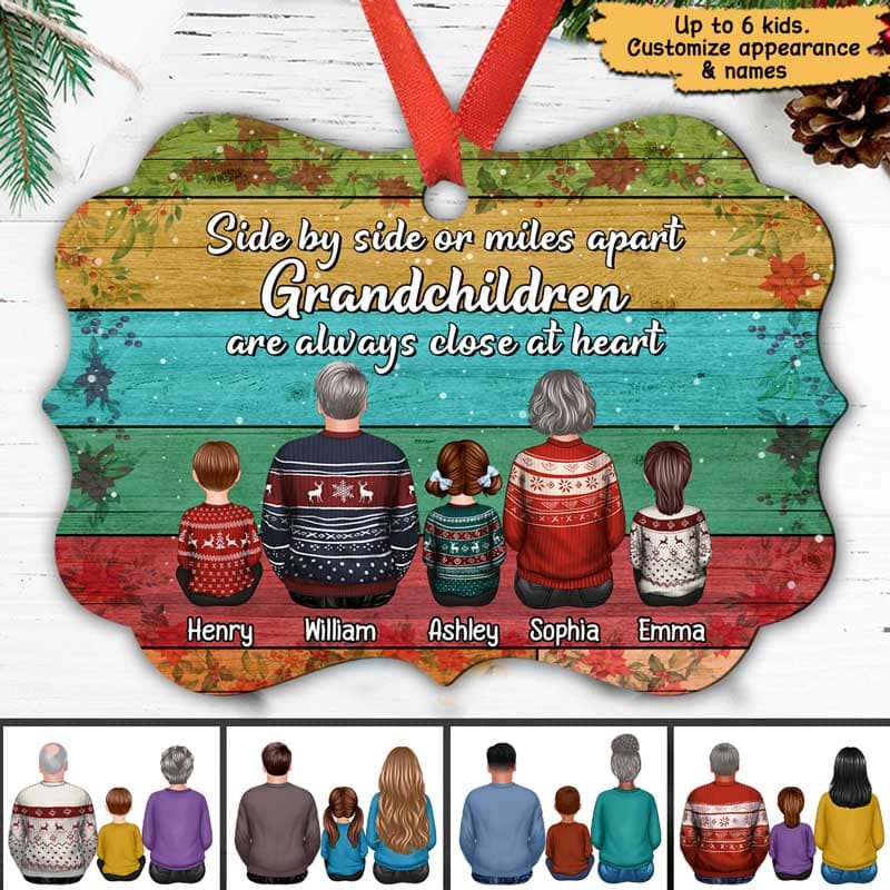 Side By Side Grandpa Grandma Grandkids Back View Colorful Palette Personalized Christmas Ornament