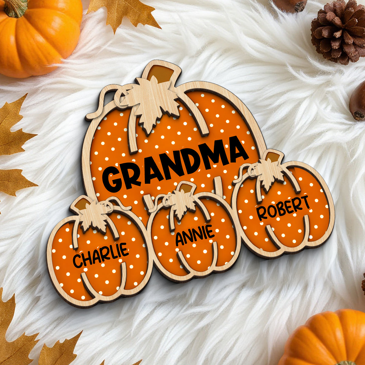 Fall Season Grandma Little Pumpkins Polka Dot Pattern Personalized 2-Layer Wooden Plaque