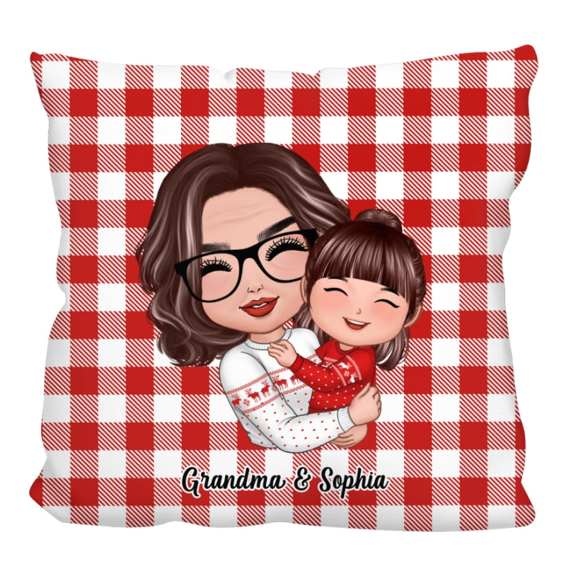 Christmas Pattern Doll Grandma Mom Hugging Kid Gift For Granddaughter Grandson Personalized Pillow