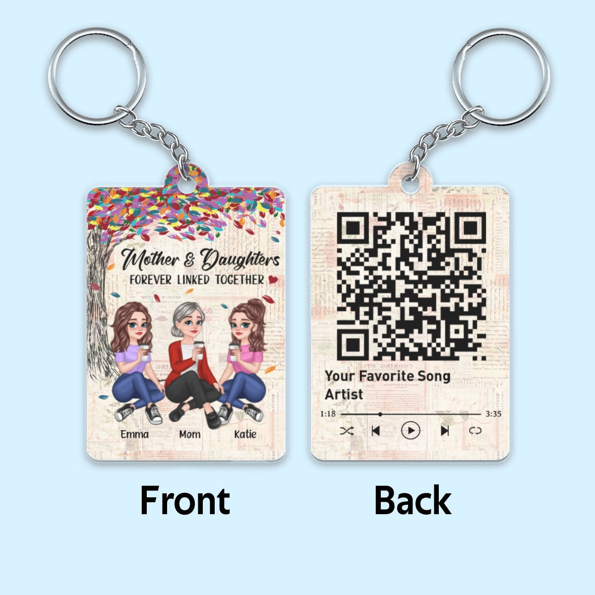 Pretty Cartoon Mother Daughter Sitting Under Colorful Tree Favorite Song QR Code Personalized Acrylic Keychain
