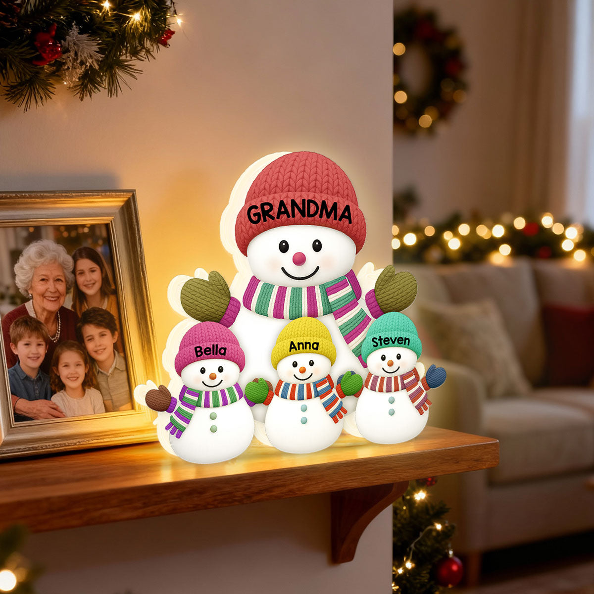 3D Effect Heartwarming Christmas Grandma Grandkids Snowman Together - Personalized Light Box - Gift For Grandmas
