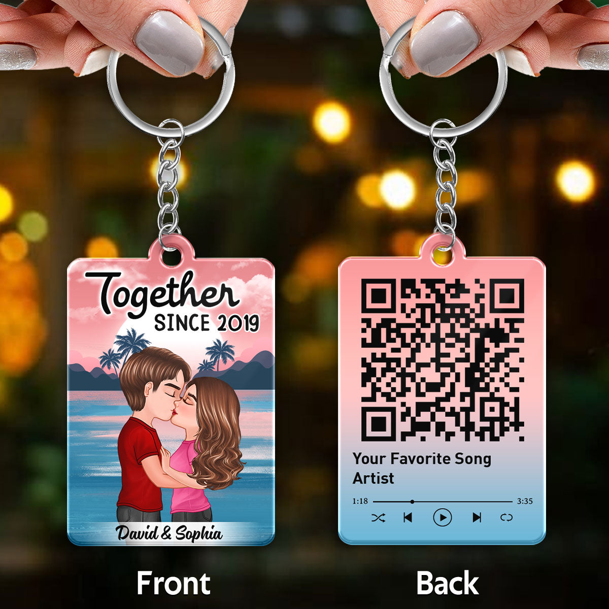 Doll Couple Kissing Rose Sunset Favorite Song QR Code Personalized Acrylic Keychain