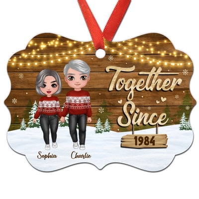 Couple Standing In Snow Wood Background Personalized Christmas Ornament