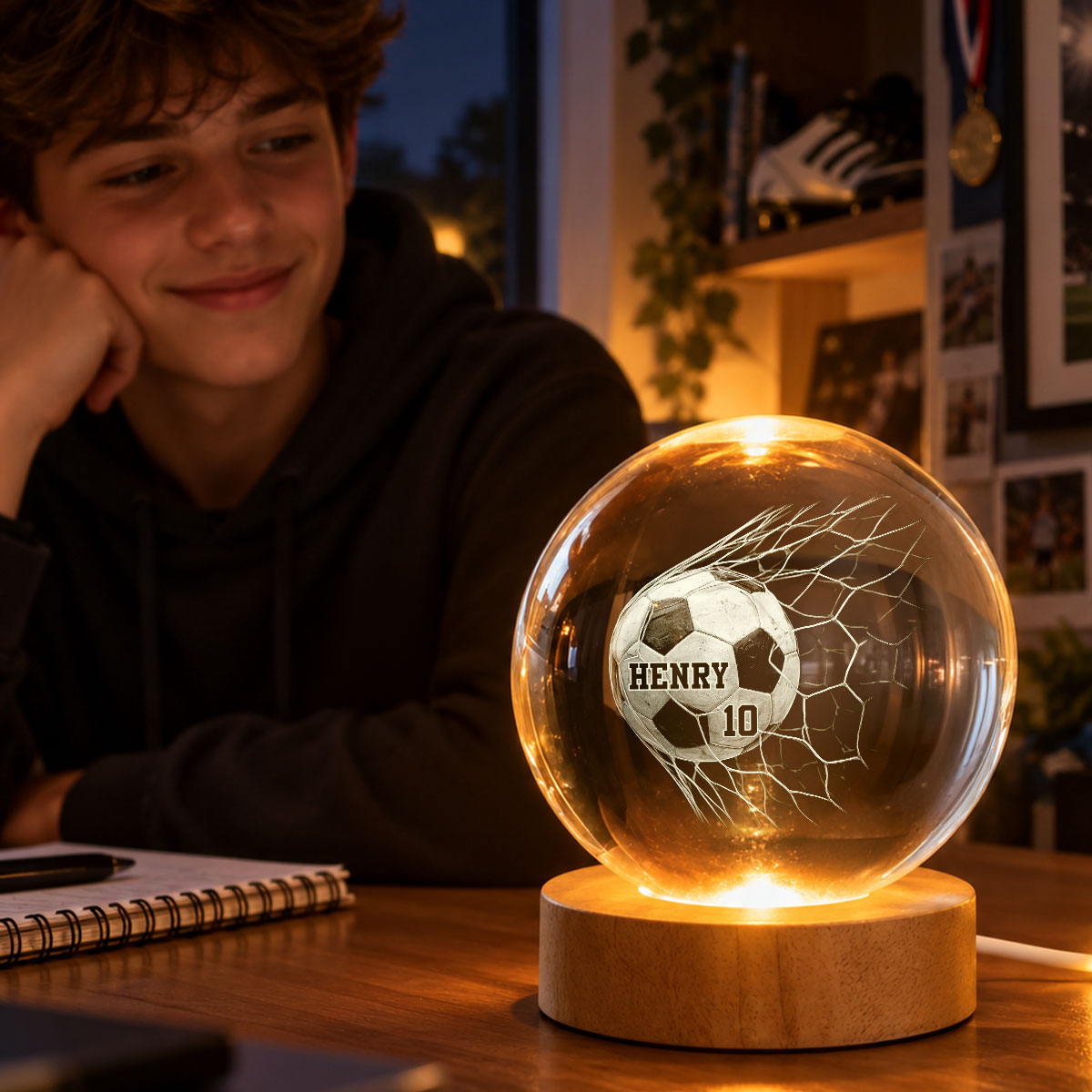 Proud Soccer Player Custom Name And Number - Personalized Crystal Ball - Christmas Gift For Teenagers, Soccer Players, Soccer Lovers, Daughter, Granddaughter, Son, Grandson