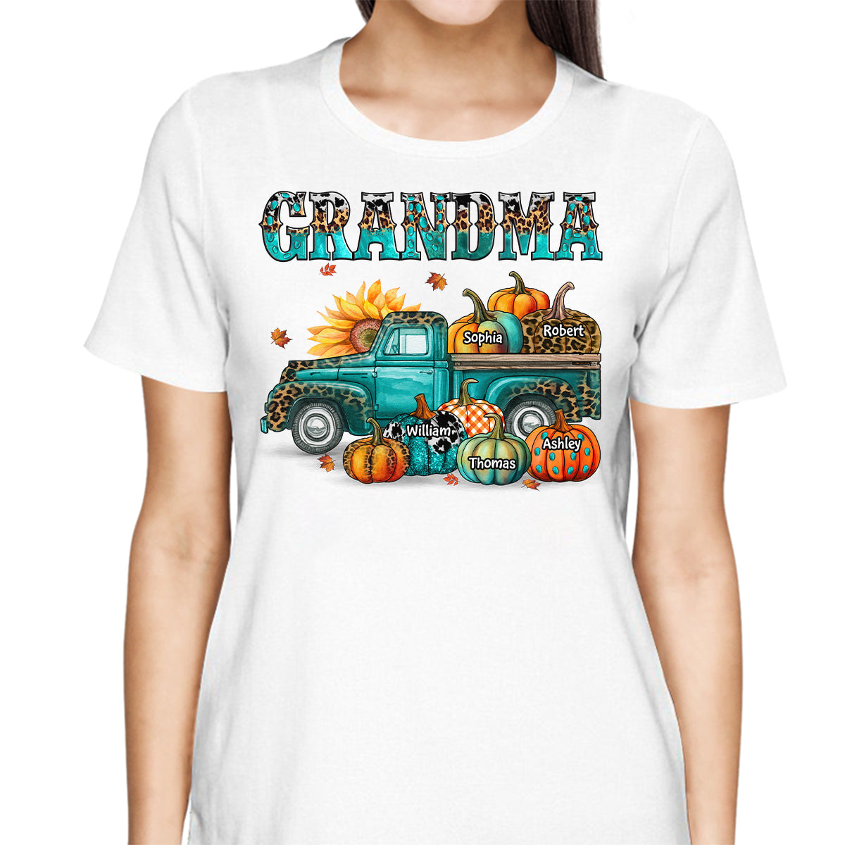 Fall Season Grandma Mom Teal And Leopard Patterned Pumpkins Truck Personalized Shirt