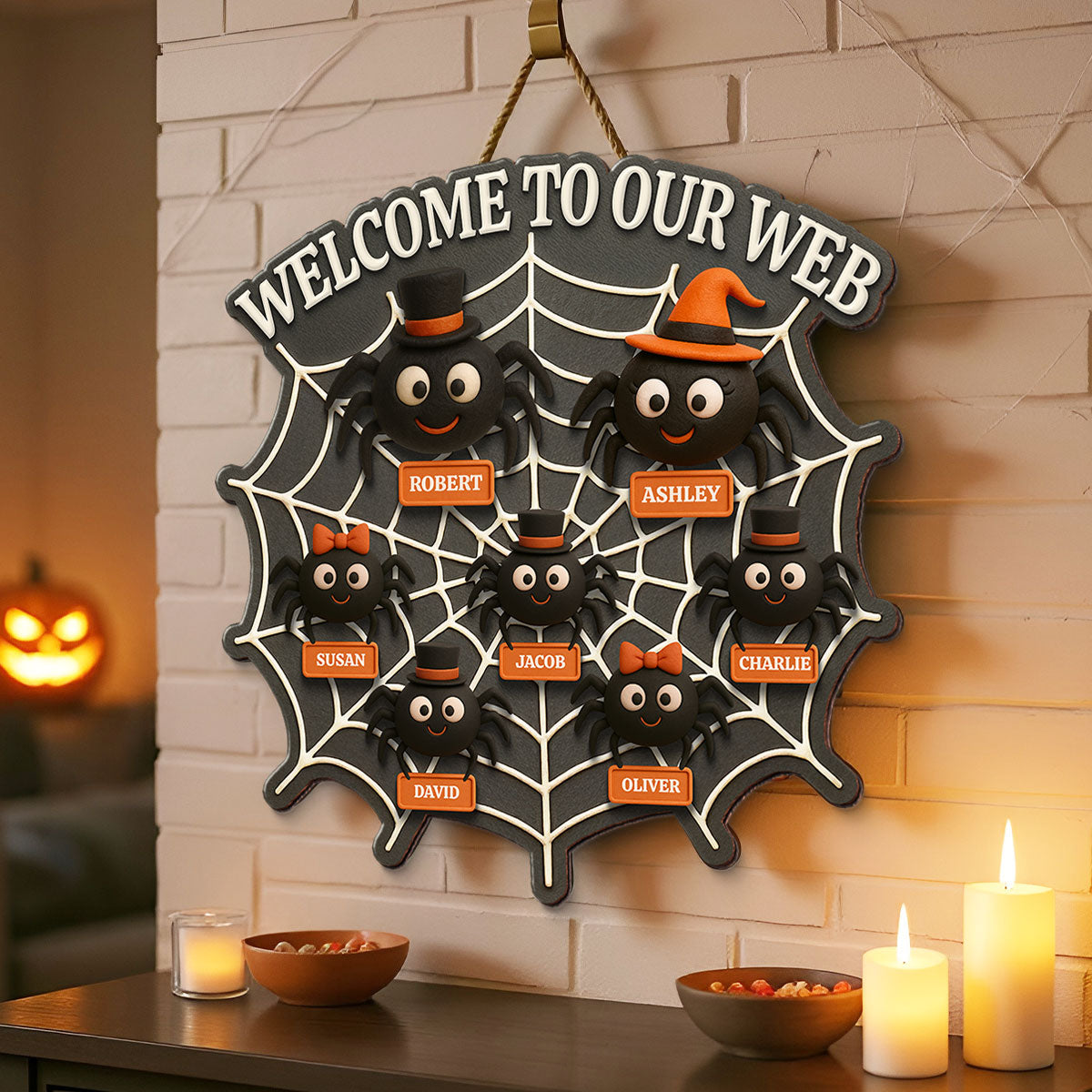 Welcome To Our Web Spiders Family 3D Effect Personalized Door Sign, Halloween Decor