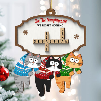 On The Naughty List We Regret Nothing Crossword Puzzle Art Personalized 2-Layer Wooden Ornament, Unique Christmas Gift For Cat Owners