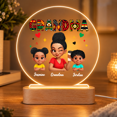 Tribal Pattern Grandma Grandkids Love - Personalized Circle Plaque LED Night Light - Gift For Grandma