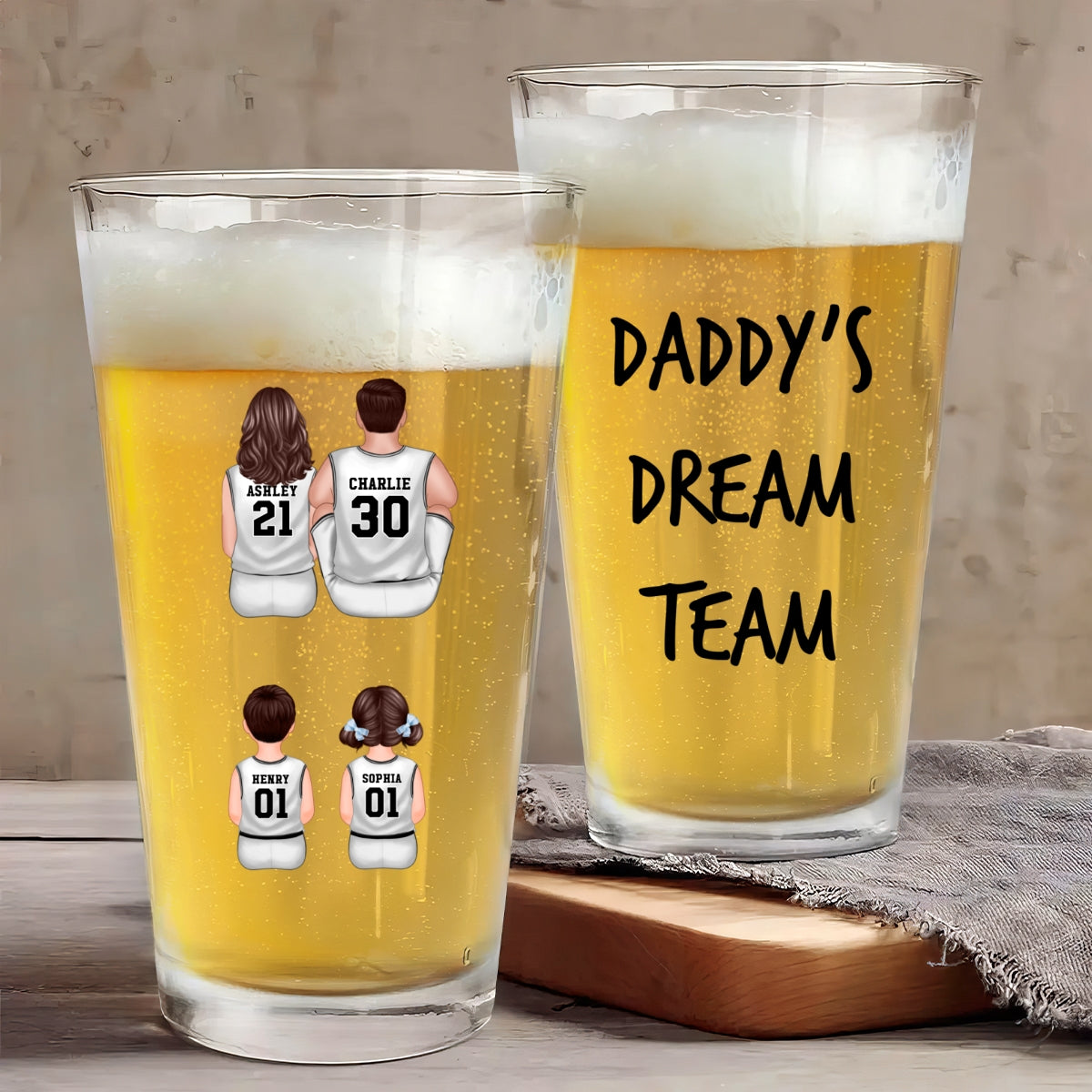 Daddy's Dream Team Basketball Personalized Beer Glass, Father's Day Gift for Dads