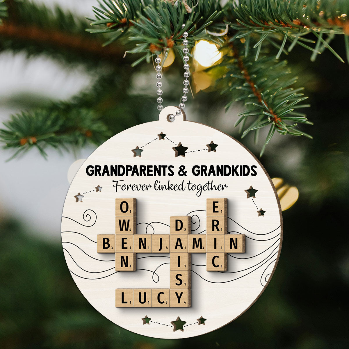 Christmas Grandparents Grandma Grandpa Grandkids Forever Linked Together Crossword Art Personalized 2-Layer Wooden Ornament