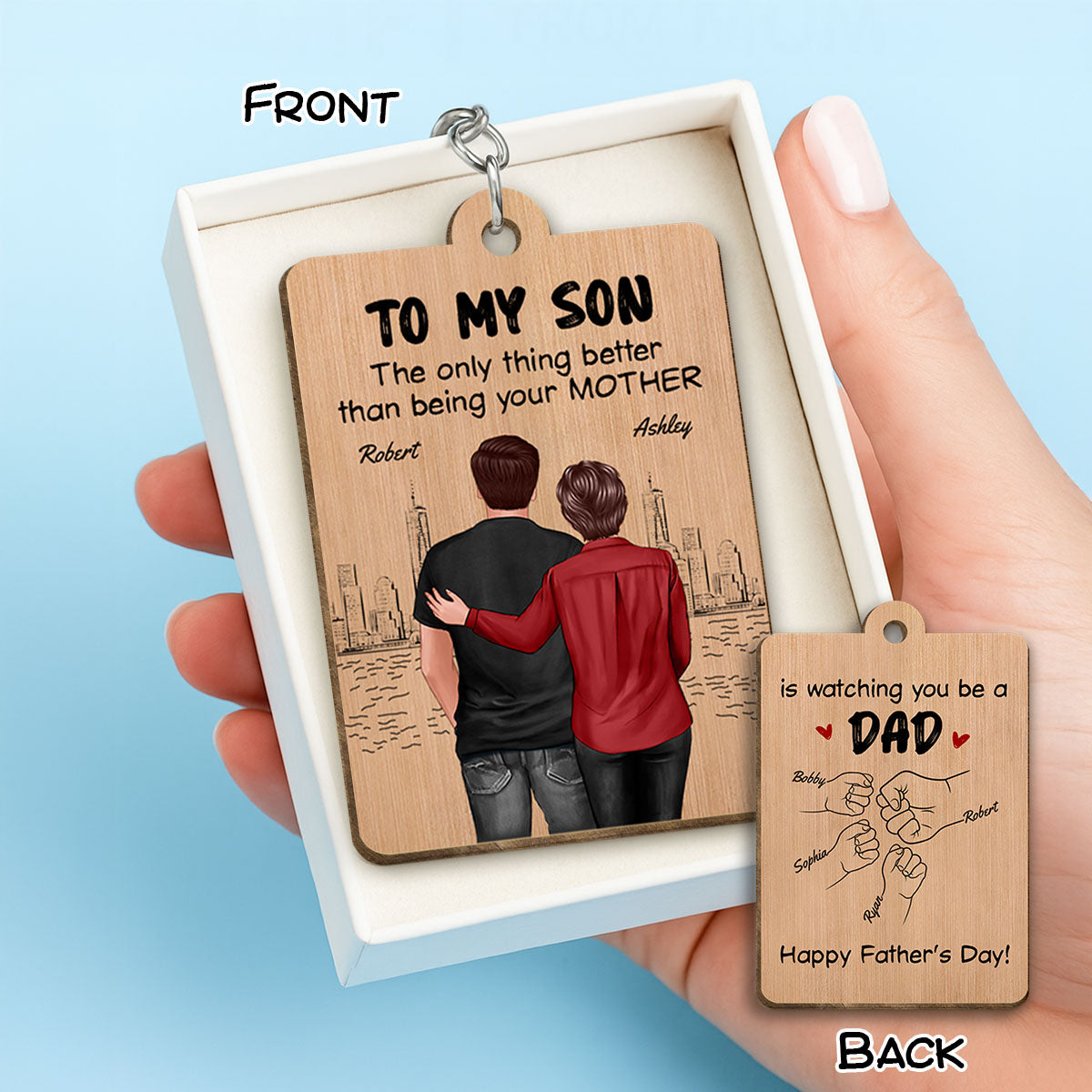 From Mom To Son Watching You Be A Dad Personalized Wooden Keychain, Gift For Son