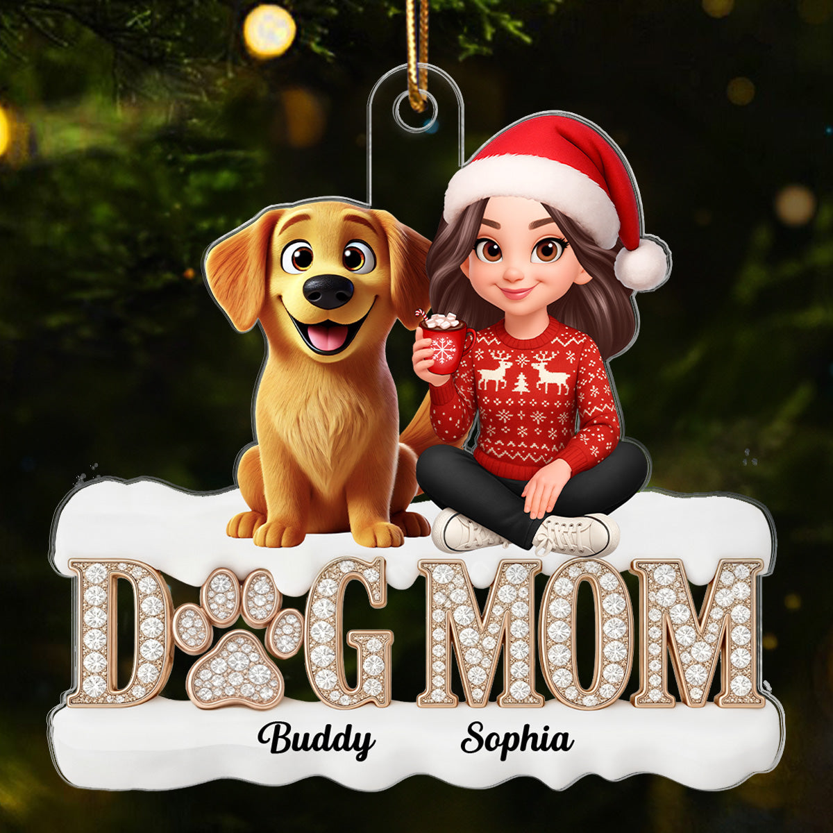 3D Crystal Shining Effect Christmas Dog Mom - Personalized Acrylic Ornament - Gift For Dog Lovers