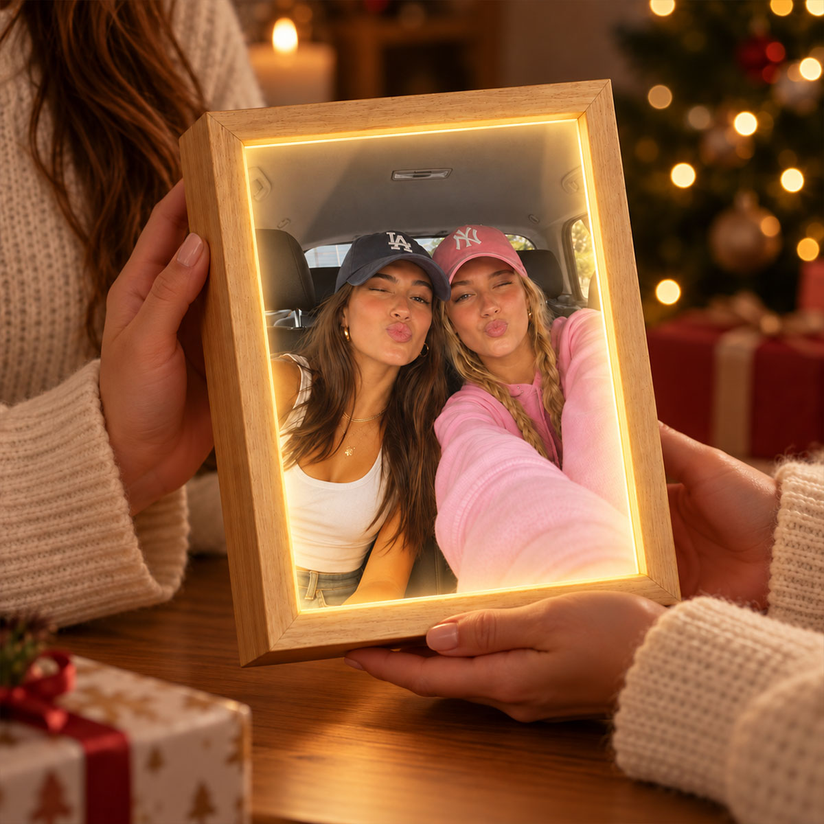 Custom Besties Sisters Photo Art - Personalized Mirror Light Box - Heartfelt Christmas Gift for Best Friends, Sisters, Siblings, Gift for Her, Birthday Gift