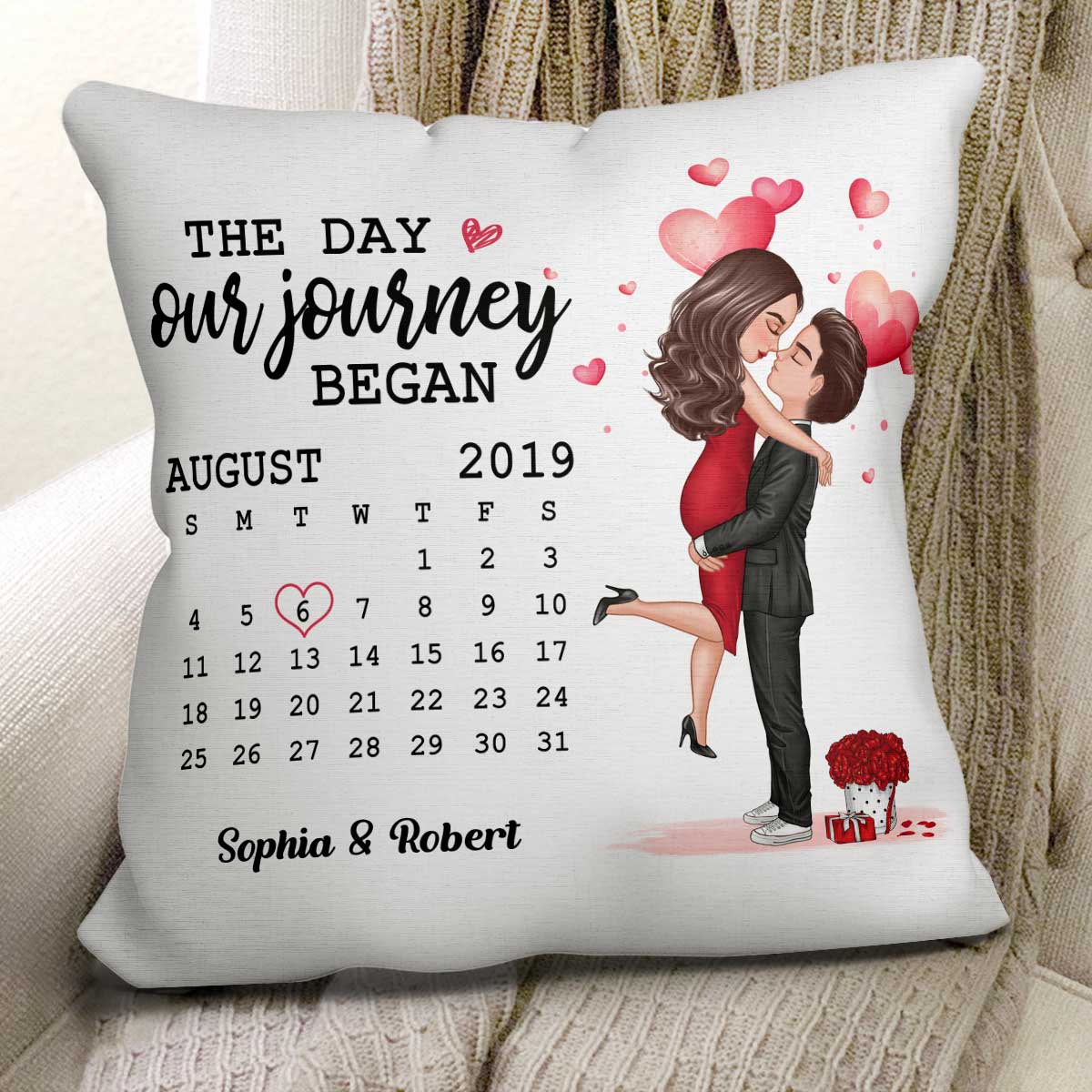 Doll Couple Hugging Kissing Anniversary Date Calendar Personalized Pillow - Anniversary Gift For Couple - Gift For Him Gift For Her