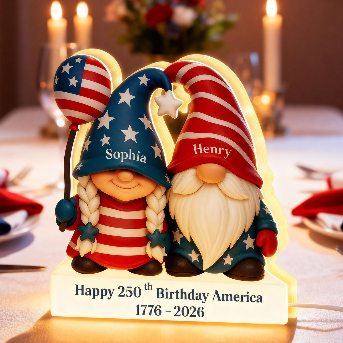 250th Anniversary American Gnome Couple - Personalized Light Box - Perfect Christmas Gift for Couple, for Her, for Him