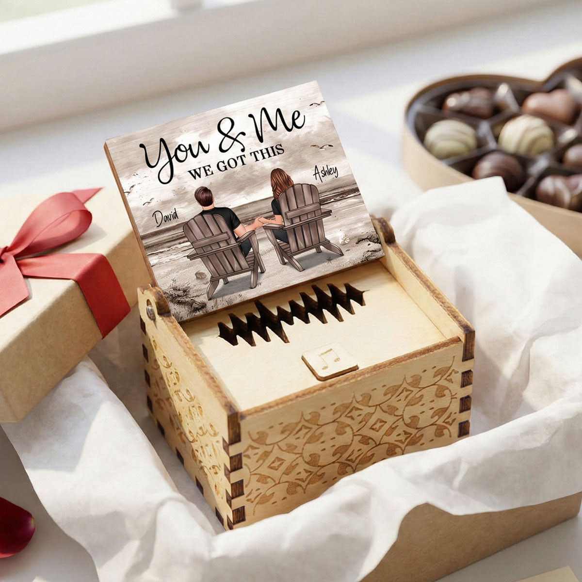 Eternal Love Couple Retro Beach Landscape - Personalized Wooden Music Box - Valentine's Day Gift For Couple