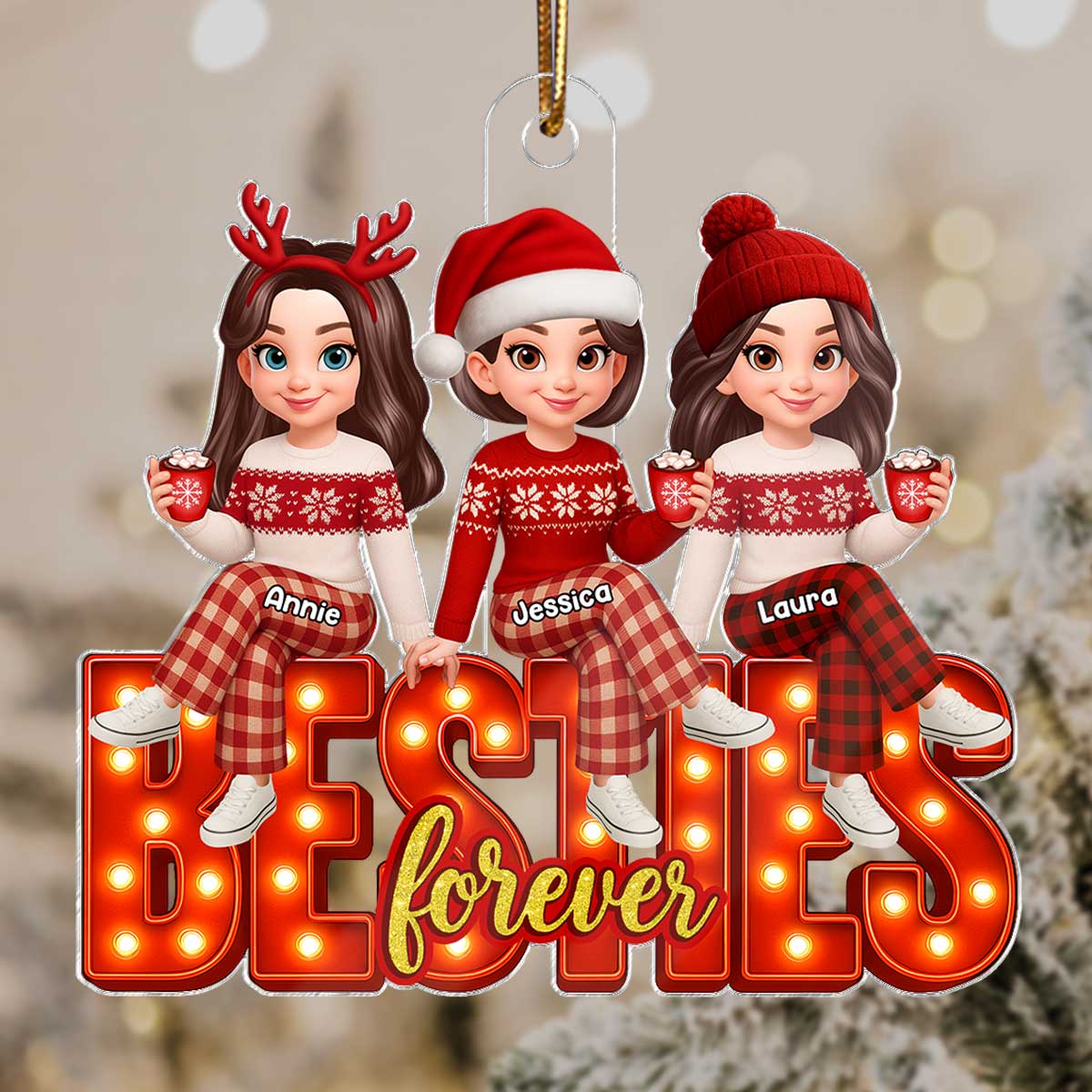 3D Effect Christmas Besties Forever Marquee Effect - Personalized Acrylic Ornament - Christmas Gift For Best Friends