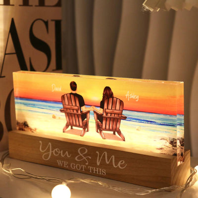 Couple Sitting At Beach Retro Personalized LED Night Light, Anniversary Gift For Couple, Gift For Husband, Wife, Dad, Mom