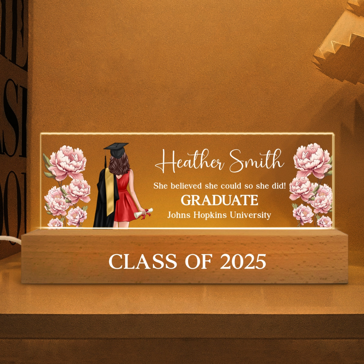 Graduation Senior Birth Month Flowers Personalized Rectangle Acrylic Block LED Night Light, Graduation Gift