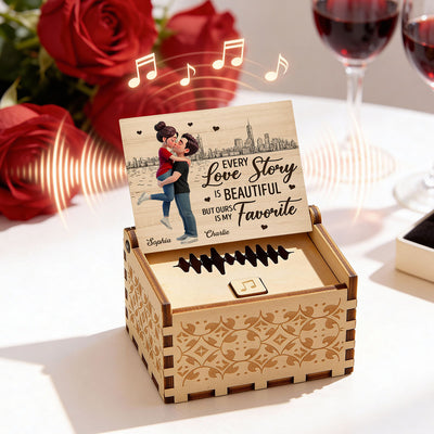 Skyline Couple Love Story - Personalized Wooden Music Box - Valentine's Day Gift For Couple